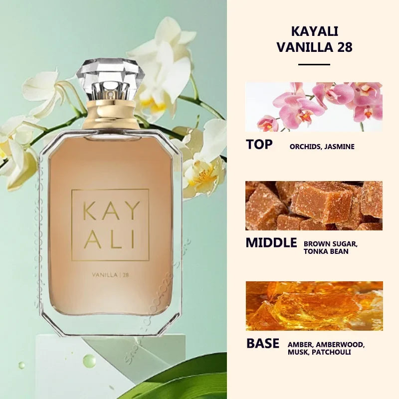 KAYALI Vanilla 28 perfume bottle with hexagonal glass and crystal cap on a floral backdrop on Tampa Home & Garden Store
