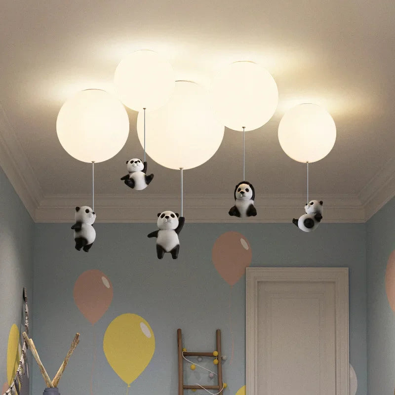 DecorBites Kids Bear LED Ceiling Chandelier with panda pendants and globe lights in nursery on Tampa Home & Garden Store