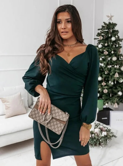 Women's V-Neck emerald green wrap dress with puff sleeves, UpTrend Deals; Gucci monogram handbag on Tampa Home & Garden Store