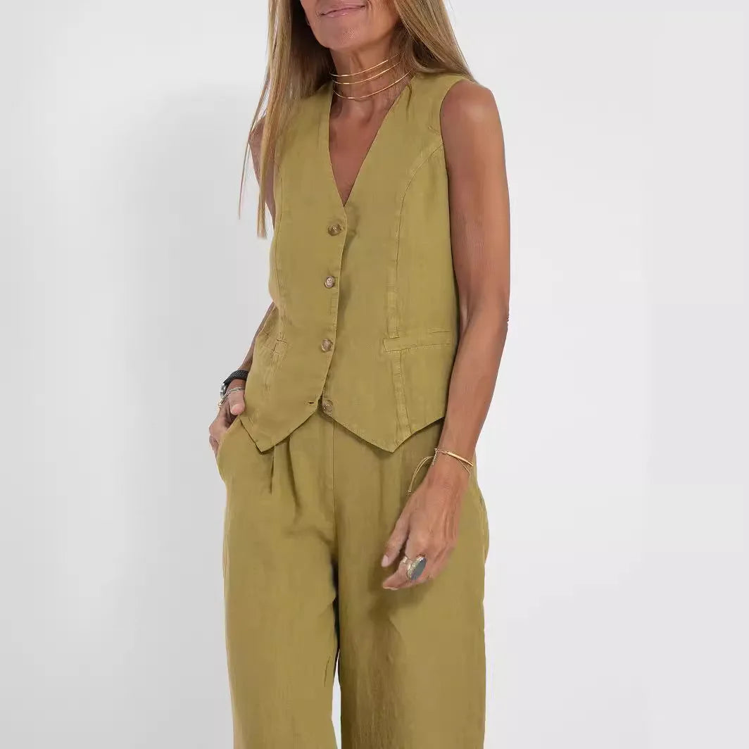 Olive sleeveless vest with matching wide-leg pants casual suit by UpTrend Deals, buttoned front on Tampa Home & Garden Store