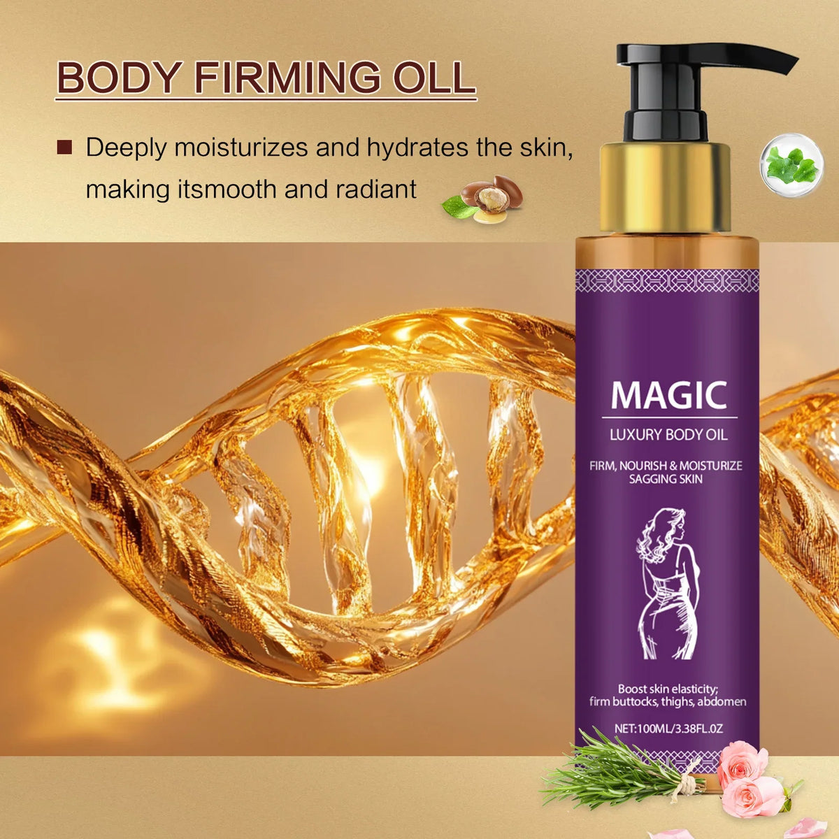 Magic Luxury Body Oil bottle by Silcy Skin with gold pump, firming & nourishing 100ml on Tampa Home & Garden Store