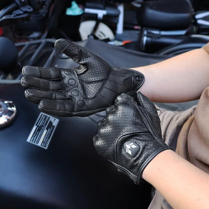 Vintage Real Leather Breathable Touch Screen Motorcycle Gloves by BikerZoneZ, black perforated on Tampa Home & Garden Store