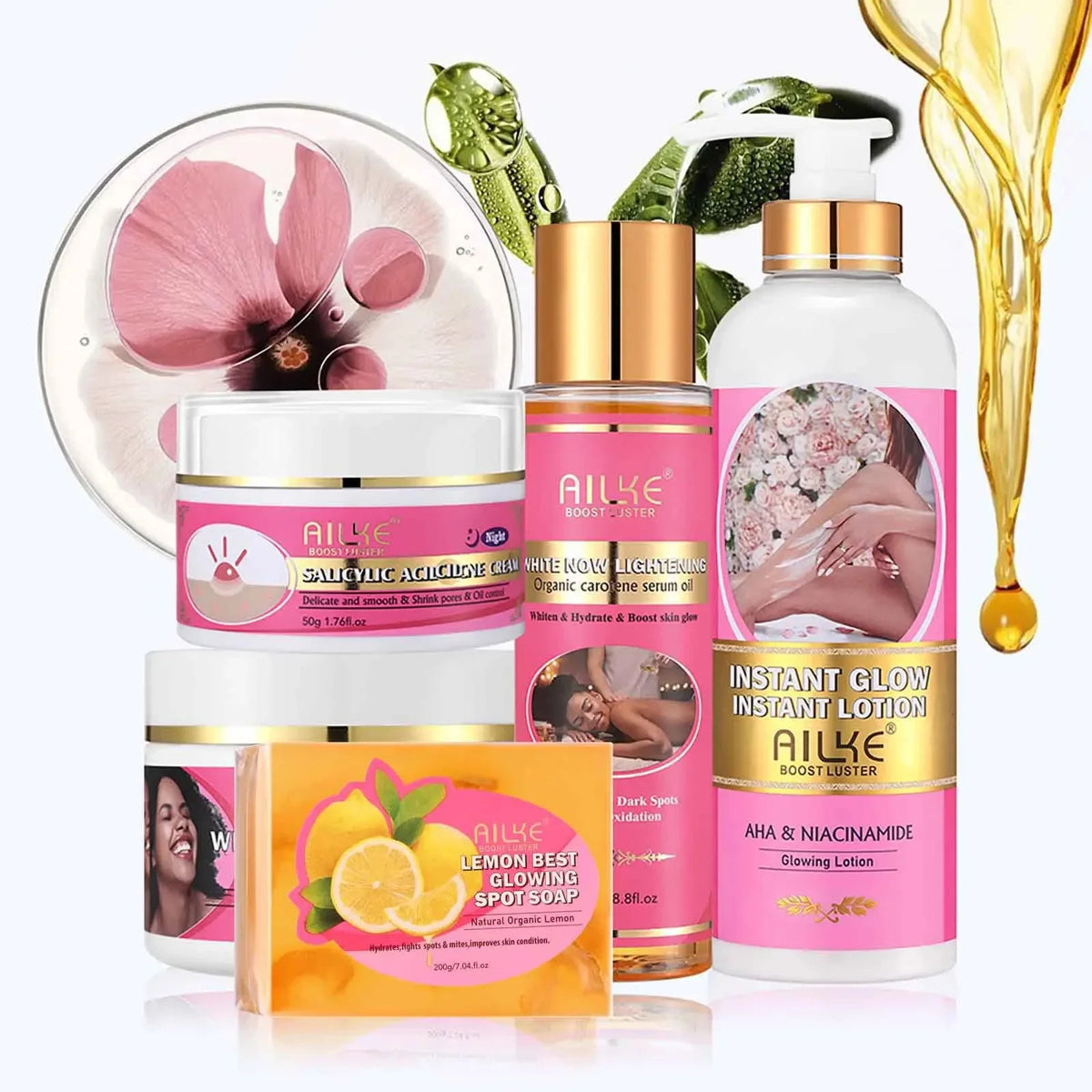 5-piece AILKE skincare set in pink packaging with glow lotion, niacinamide serum oil by Silcy Skin on Tampa Home & Garden Store