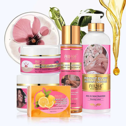 5-piece AILKE skincare set in pink packaging with glow lotion, niacinamide serum oil by Silcy Skin on Tampa Home & Garden Store