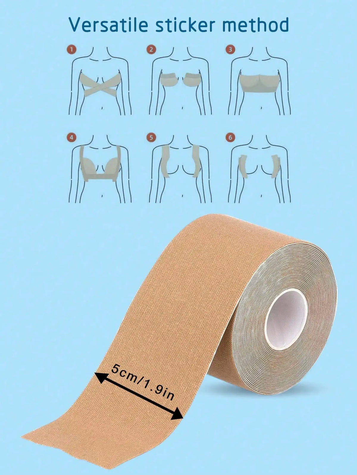Silcy Skin Invisible Chest Lifting Patch beige tape roll with 3 sizes and steps on blue on Tampa Home & Garden Store