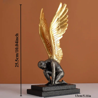 Angel Wings statue black resin kneeling figure with golden wings modern decor sculpture on Tampa Home & Garden Store