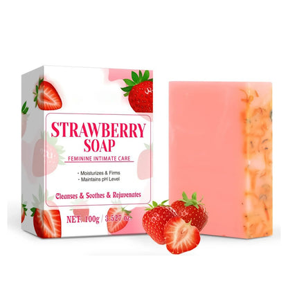 Strawberry Soap by Silcy Skin, pink rectangular bar beside a strawberry-patterned white box on Tampa Home & Garden Store