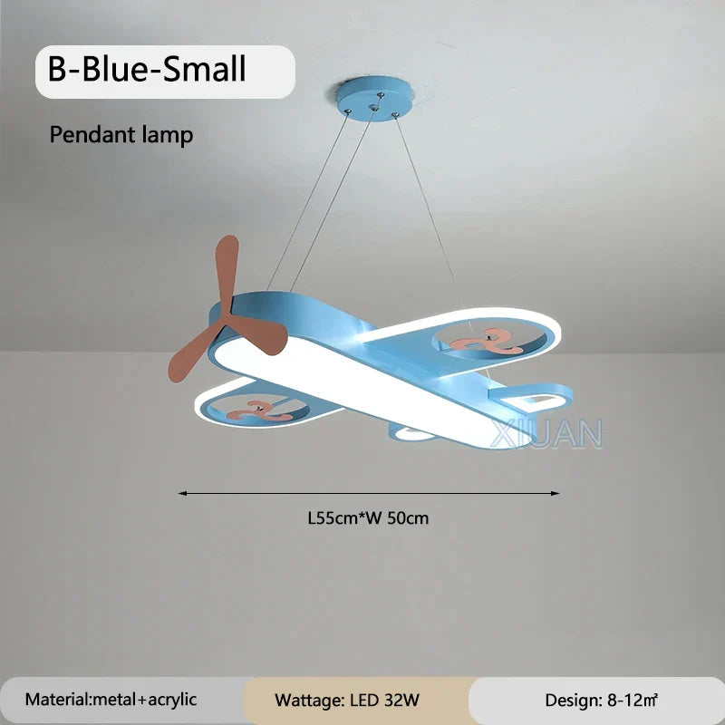 DecorBites Kids Airplane Pendant Light blue wood and metal with LED wings brown propeller on Tampa Home & Garden Store