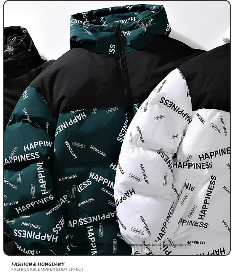 Men's hooded parka, thick cotton-padded jacket with black yoke and teal-green/white color blocks on Tampa Home & Garden Store
