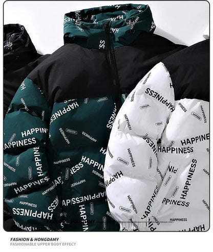 Men's hooded parka, thick cotton-padded jacket with black yoke and teal-green/white color blocks on Tampa Home & Garden Store