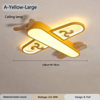 DecorBites Kids Airplane Pendant Light yellow metal with wood propellers LED ceiling lamp on Tampa Home & Garden Store