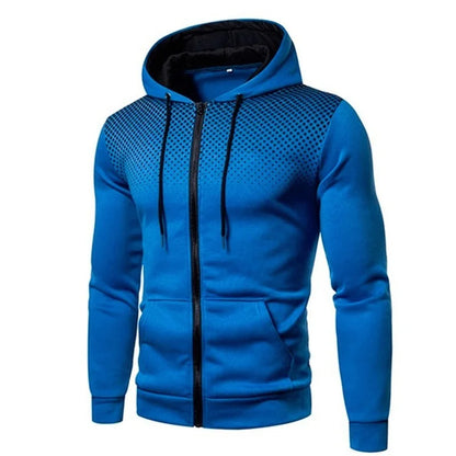 Men's blue zip-up hoodie with black dotted chest gradient, hood and pockets UpTrend Deals on Tampa Home & Garden Store