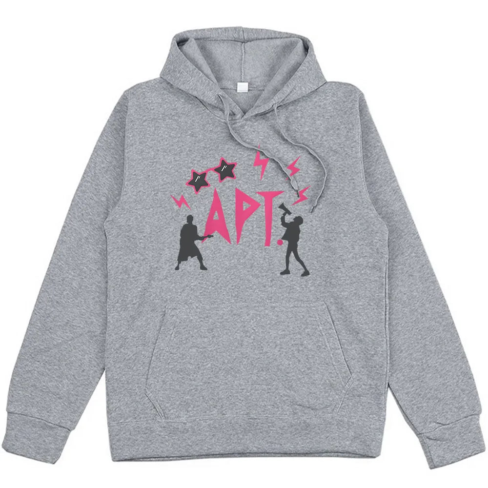 Gray unisex hoodie with pink APT graphic, two silhouette figures, and star lightning accents on Tampa Home & Garden Store