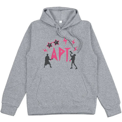 Gray unisex hoodie with pink APT graphic, two silhouette figures, and star lightning accents on Tampa Home & Garden Store