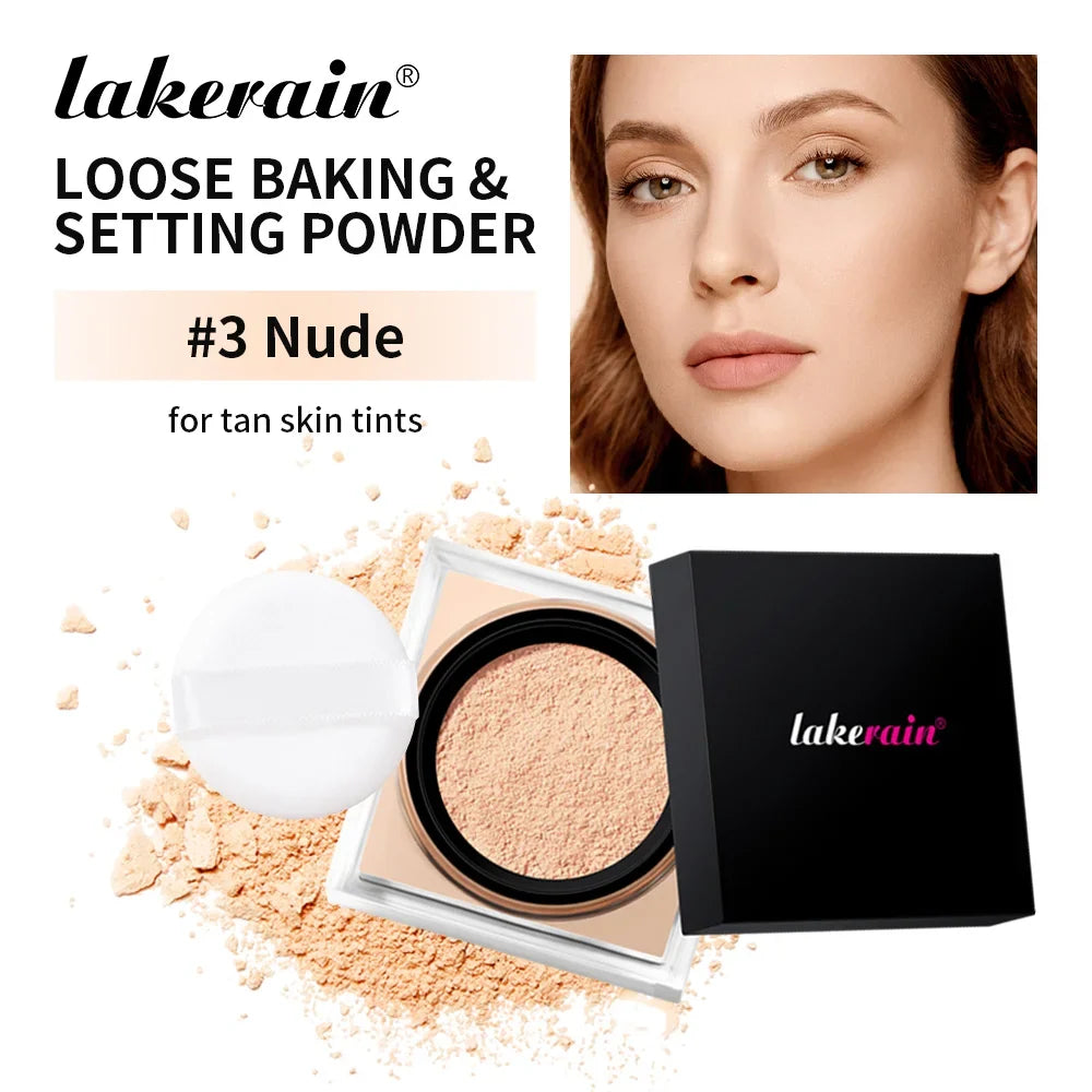 Lakerain Loose Baking & Setting Powder shade #3 Nude for tan skin, powder puff & box on Tampa Home & Garden Store