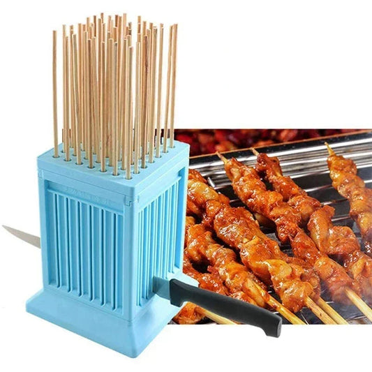 Perfecsy blue 49-hole BBQ meat skewer maker with vertical wooden skewers on Tampa Home & Garden Store
