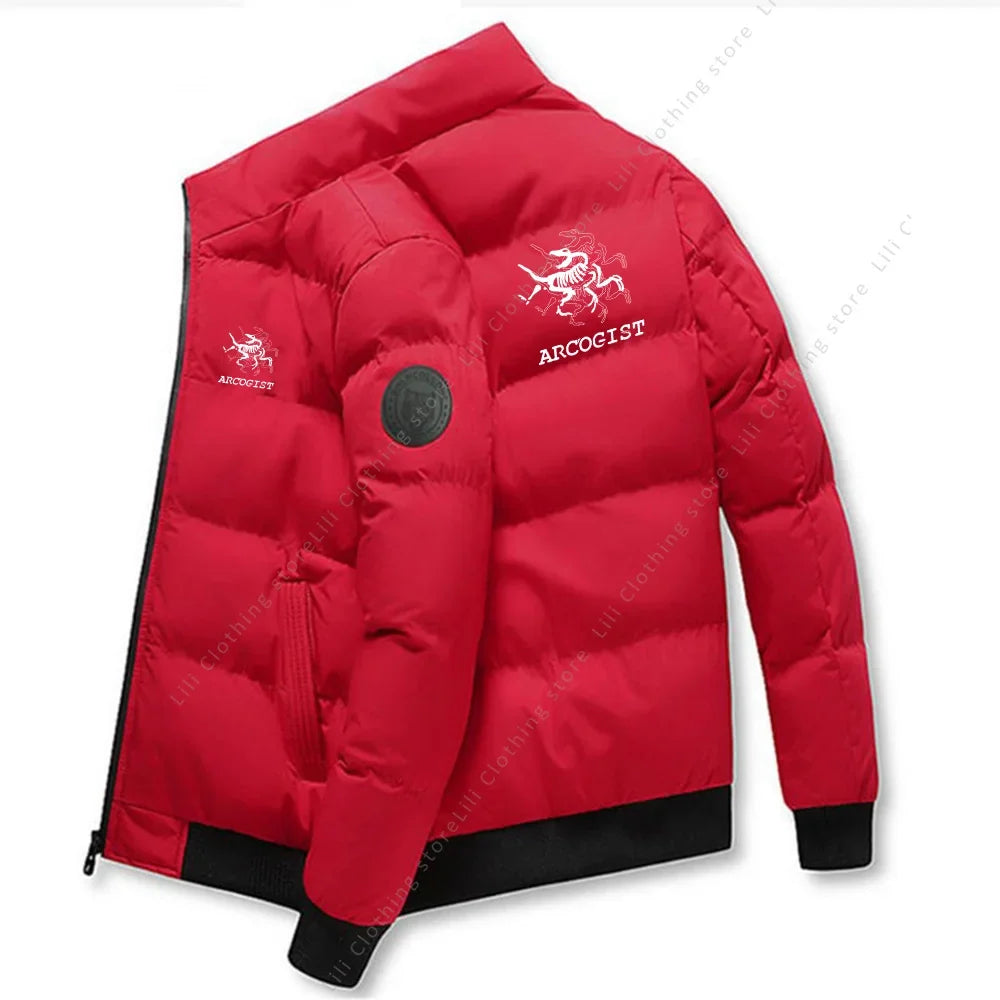 Men's red puffer jacket with dragon logo, UpTrend Deals waterproof coat, black cuffs/hem on Tampa Home & Garden Store