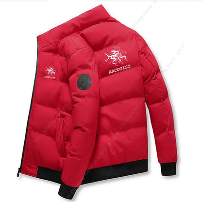 Men's red puffer jacket with dragon logo, UpTrend Deals waterproof coat, black cuffs/hem on Tampa Home & Garden Store