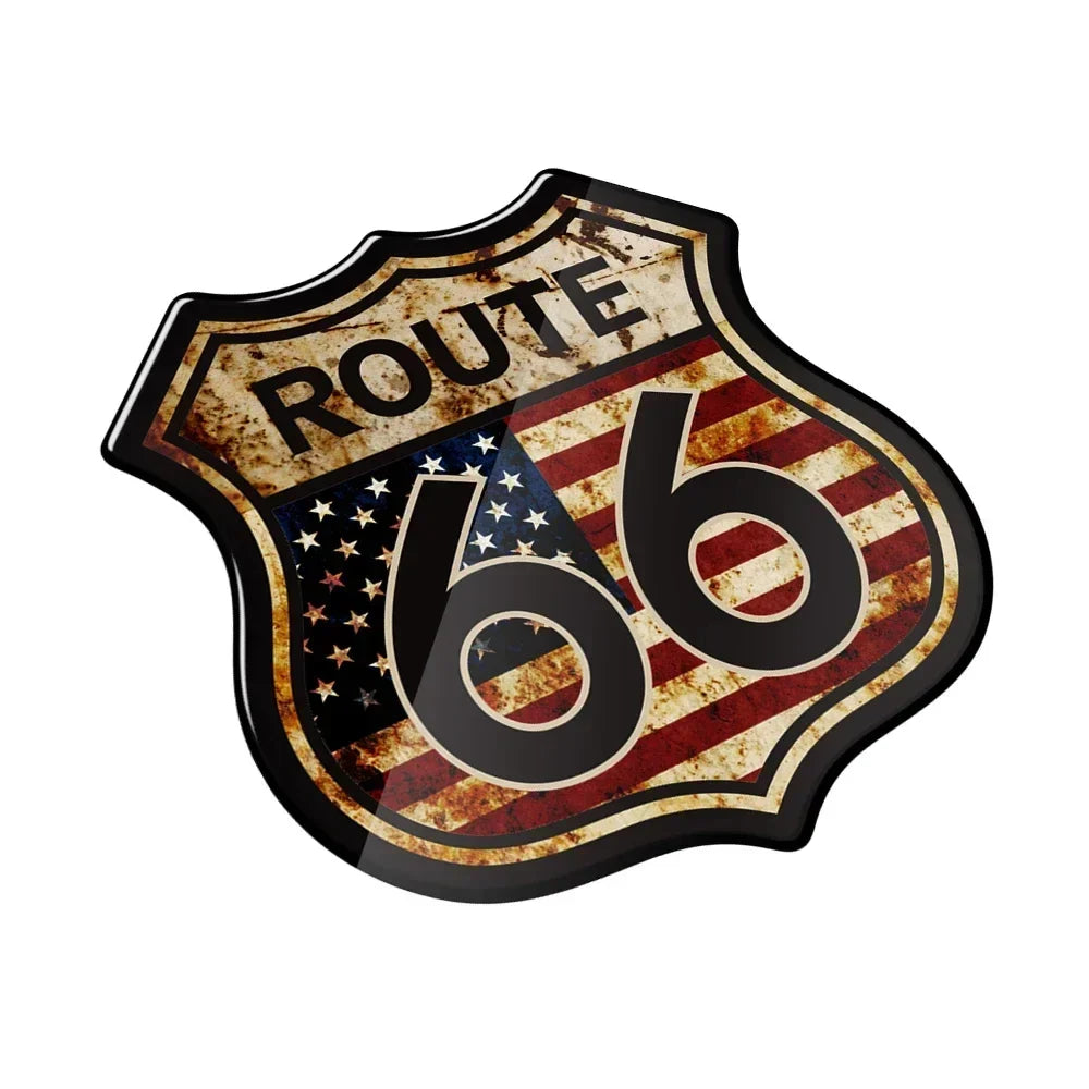 3D Route 66 vintage sticker by BikerZoneZ featuring a rusted shield with American flag on Tampa Home & Garden Store