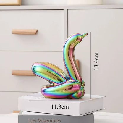 Balloon swan ceramic statue by Perfecsy, iridescent multicolor desk decor, 13.4 cm tall on Tampa Home & Garden Store