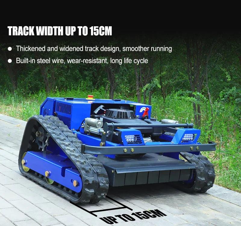 Self-Propelled Remote-Control Lawn Mower 550mm UpTrend Deals, blue chassis with tracks on Tampa Home & Garden Store