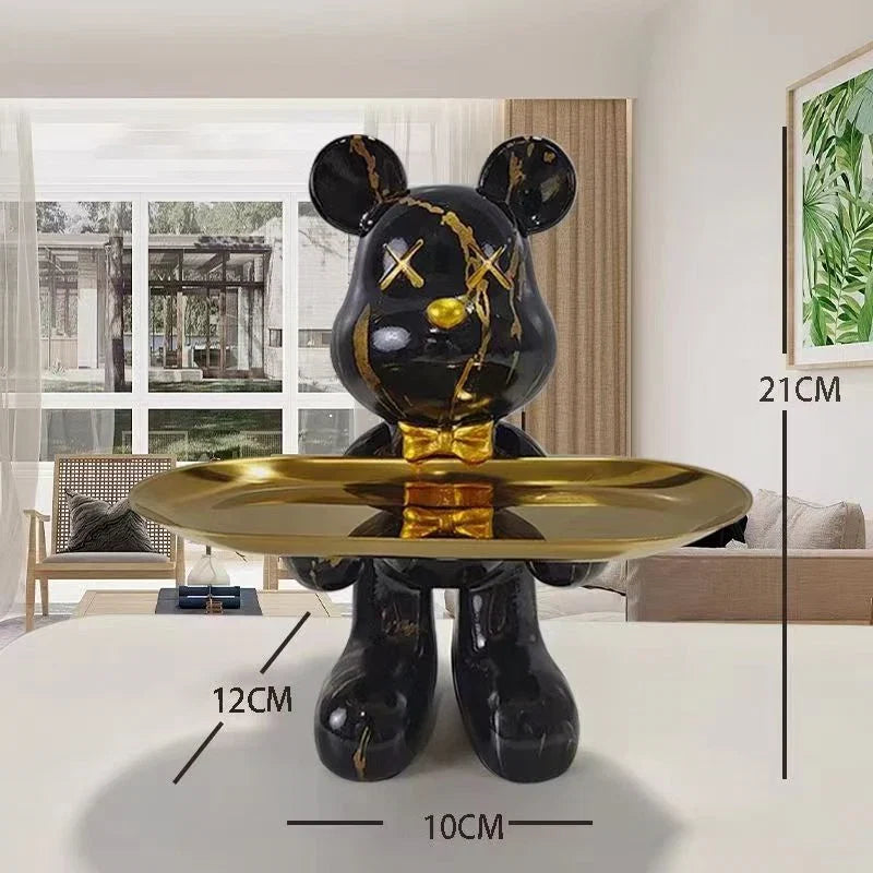 Graffiti bear ornament figurine Perfecsy black with gold marbling holding a gold tray decor on Tampa Home & Garden Store