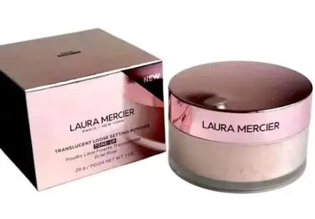 Laura Mercier translucent loose setting powder jar with pink metallic lid beside its box on Tampa Home & Garden Store