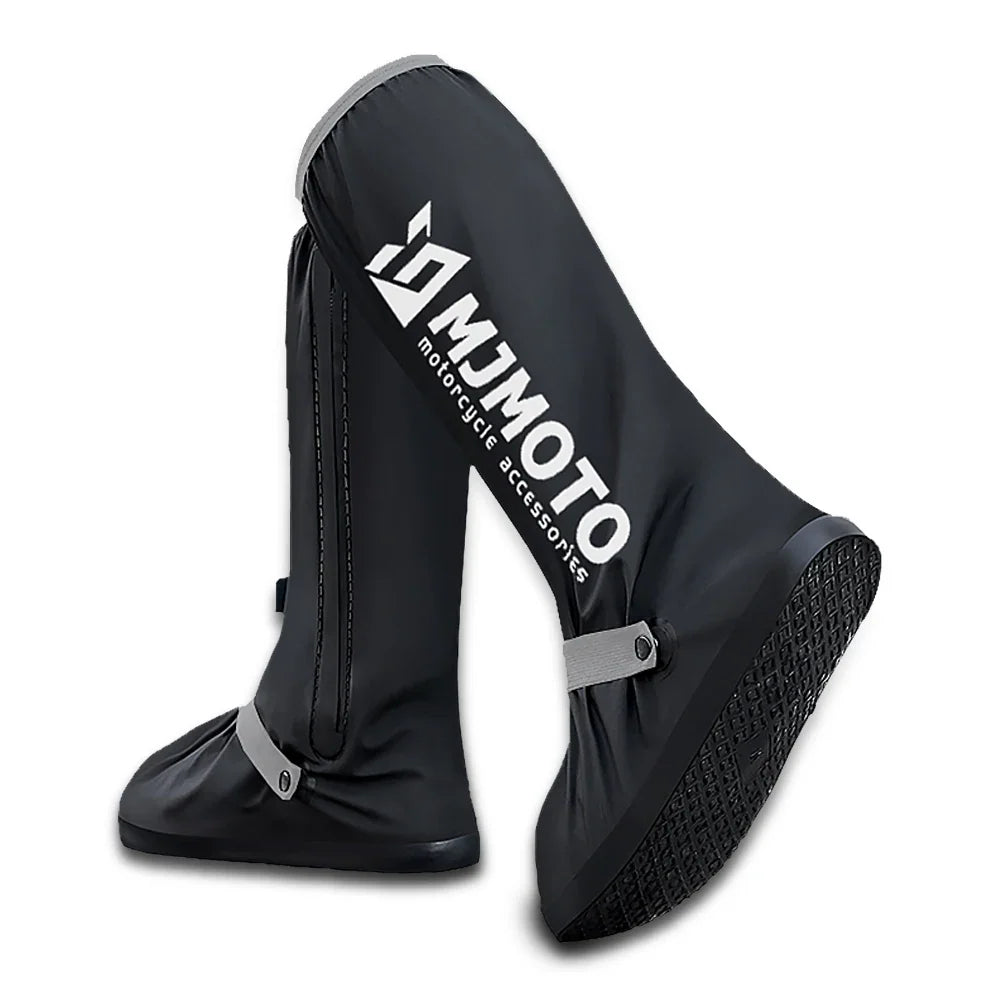 Motorcycle shoe cover pair, black waterproof non-slip with gray straps and textured sole on Tampa Home & Garden Store