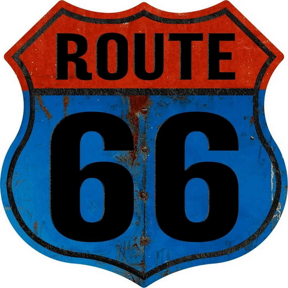 Route 66 shield metal tin sign, red top blue bottom, weathered finish, BikerZoneZ on Tampa Home & Garden Store
