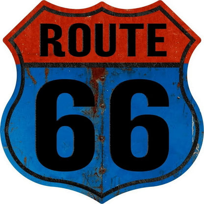 Route 66 shield metal tin sign, red top blue bottom, weathered finish, BikerZoneZ on Tampa Home & Garden Store