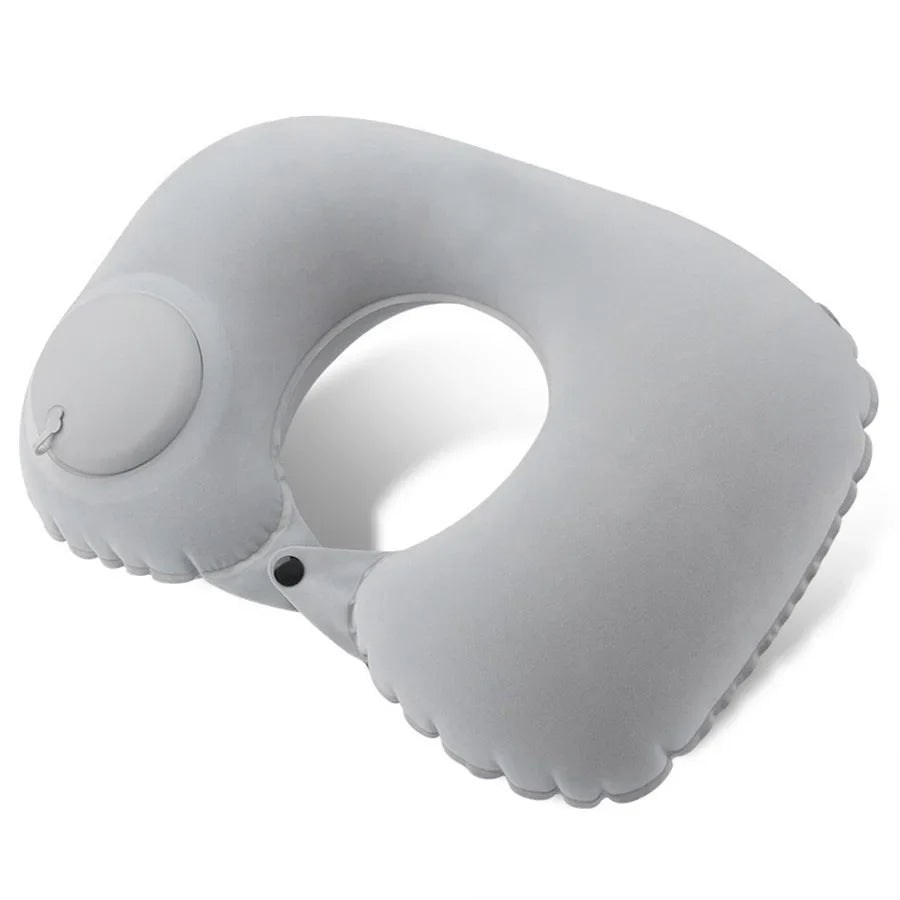 Portable neck pillow, inflatable flocked travel pillow in light gray, U-shaped with valve on Tampa Home & Garden Store