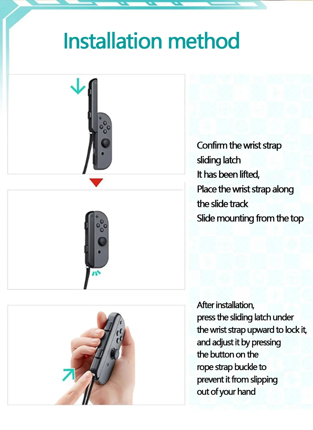 Switch OLED gamepad wrist strap, gray with sliding latch shown during installation steps on Tampa Home & Garden Store