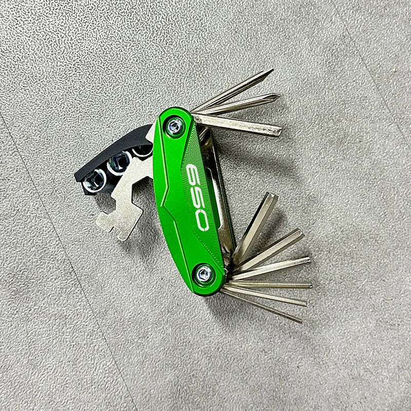 Motorcycle/Bicycle multi-tool by BikerZoneZ in green aluminum with folding hex keys and clip on Tampa Home & Garden Store