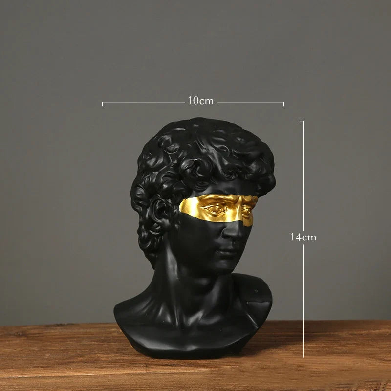 Perfecsy David head resin bust, black with gold eye mask, modern abstract home decor statue on Tampa Home & Garden Store