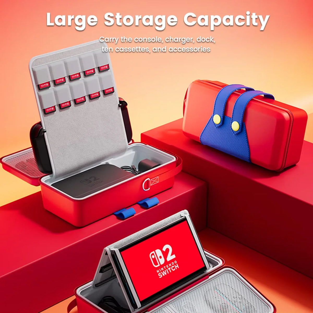 Switch 2 EVA hard shell case with storage for Switch 2 accessories, red case with blue handles on Tampa Home & Garden Store