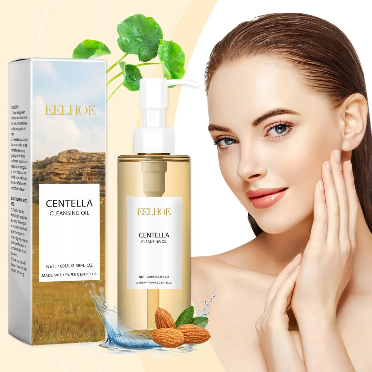 Centella Cleansing Oil bottle by Silcy Skin with pump beside its box and leaves backdrop on Tampa Home & Garden Store