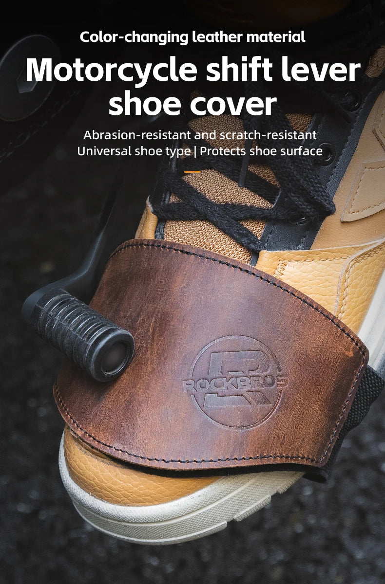 ROCKBROS leather non-slip motorcycle shift lever shoe cover with logo, strap over tan boot on Tampa Home & Garden Store