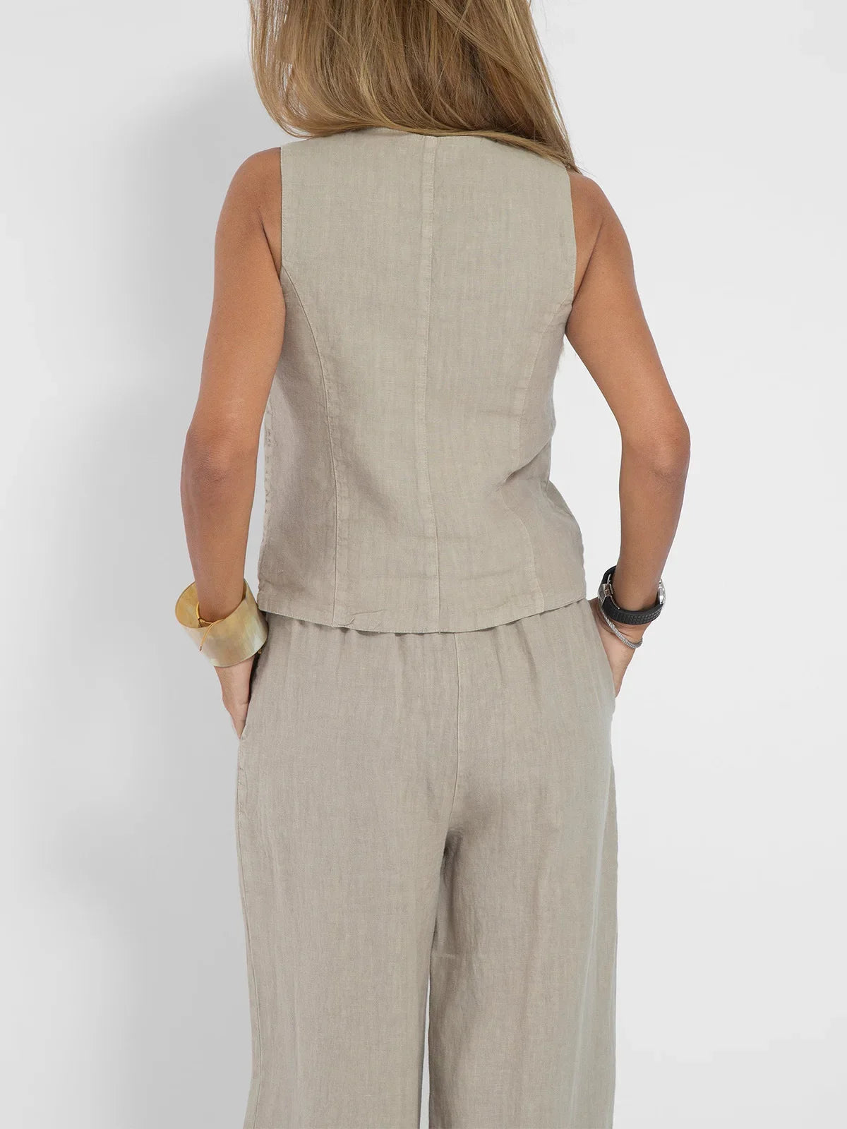 Women's sleeveless vest and pants set beige linen-look two-piece outfit back view on Tampa Home & Garden Store