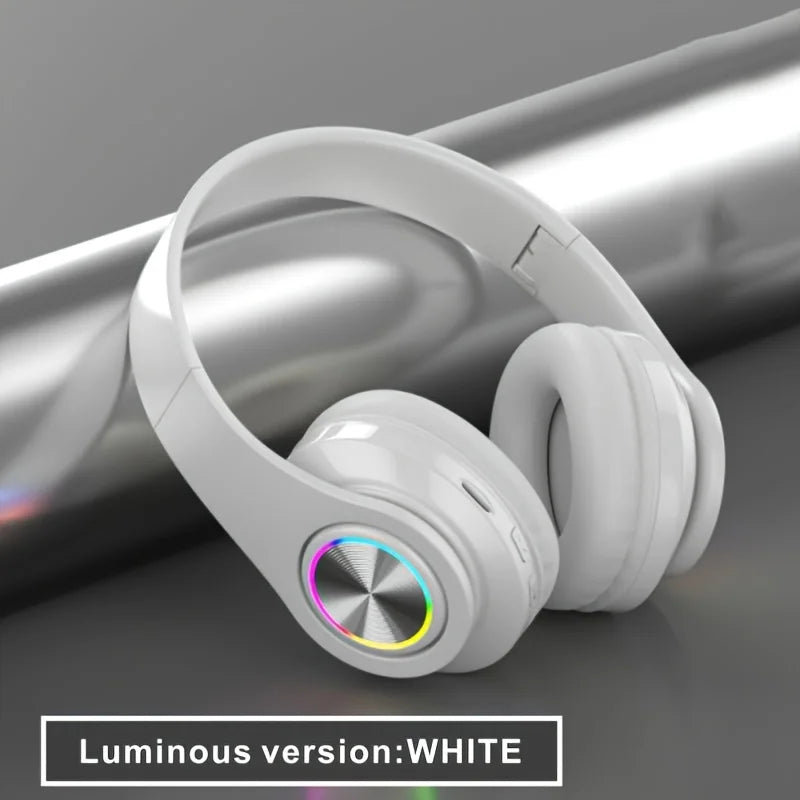 White wireless on-ear headphones with RGB ring and foldable design, Bluetooth 5.0 on Tampa Home & Garden Store