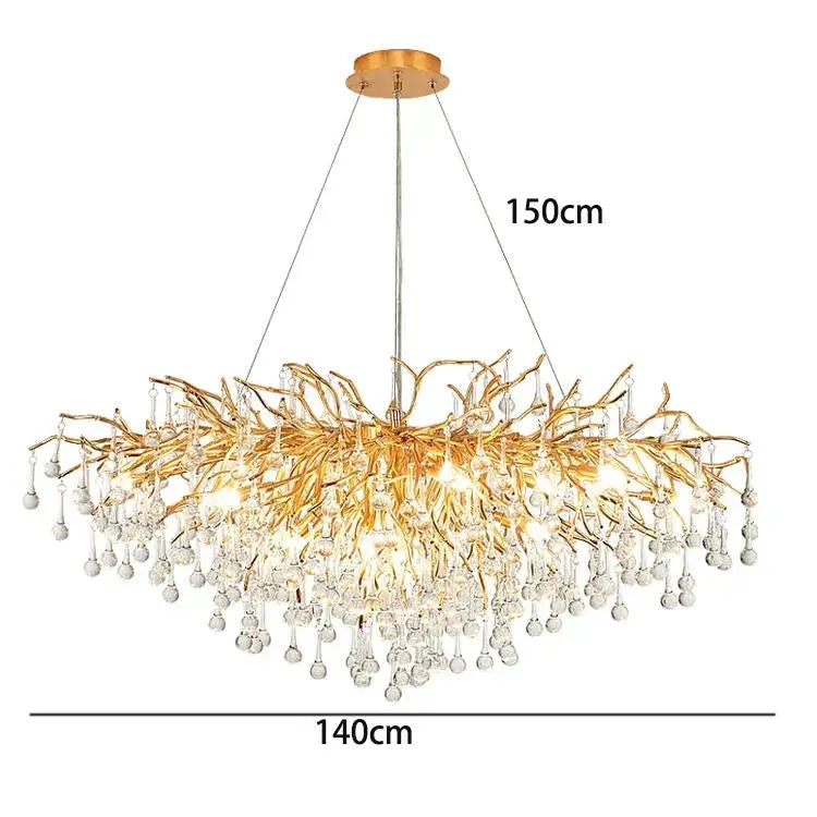 DecorBites LED pendant chandelier with gold branches and crystal drops 140cm wide on Tampa Home & Garden Store