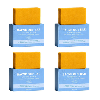 Bacne Out Bar acne Healing Soap by Silcy Skin, orange soap on blue boxes, 4-pack on Tampa Home & Garden Store