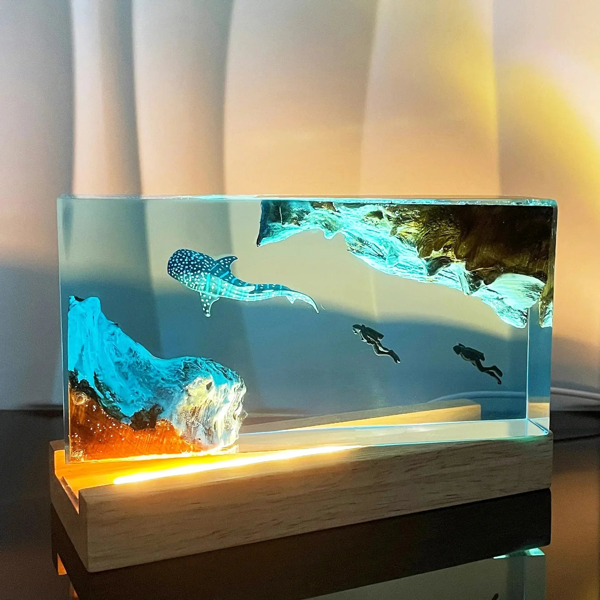 Perfecsy Seabed Exploration Resin Table Light with 2 divers, blue sea scene, wood base on Tampa Home & Garden Store