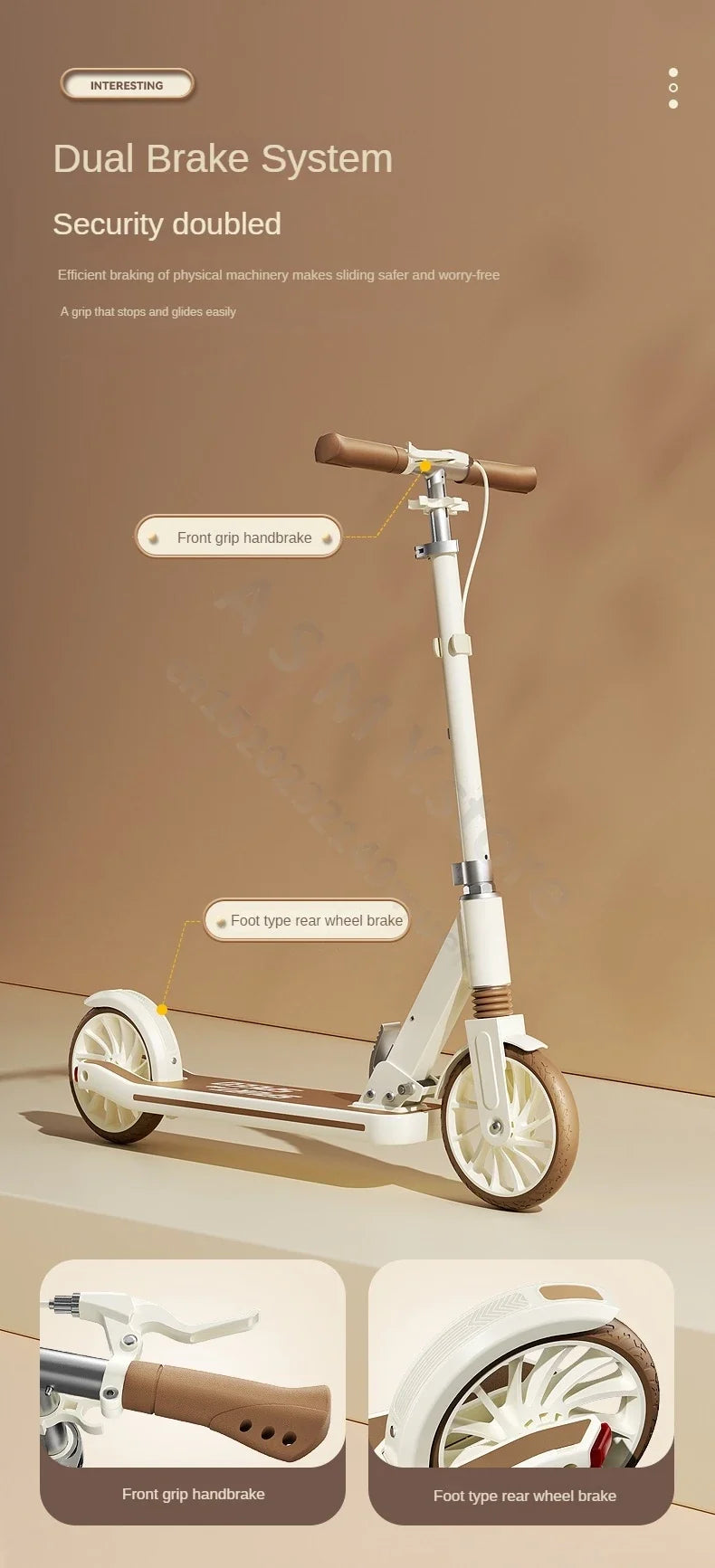 Foldable kick scooter for kids & adults by UpTrend Deals, white frame with brown grips, 2 wheels, dual brake system front handbrake rear wheel brake on Tampa Home & Garden Store