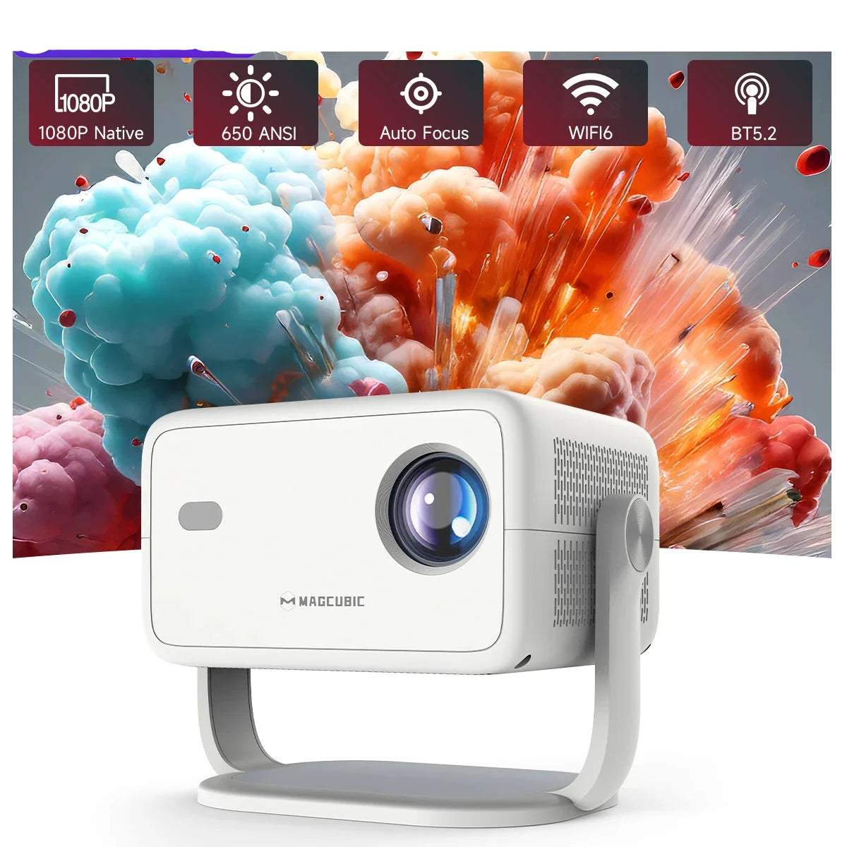 MAGCUBIC white 4K portable projector with auto focus and stand, compact home theater on Tampa Home & Garden Store