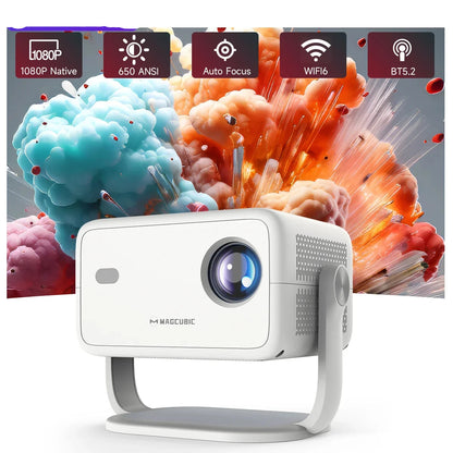 MAGCUBIC white 4K portable projector with auto focus and stand, compact home theater on Tampa Home & Garden Store