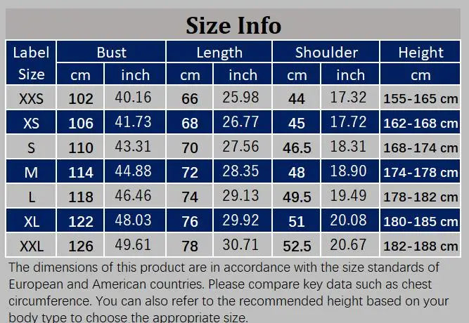 Men's Winter Jacket UpTrend Deals size chart with bust, length and shoulder measurements on Tampa Home & Garden Store