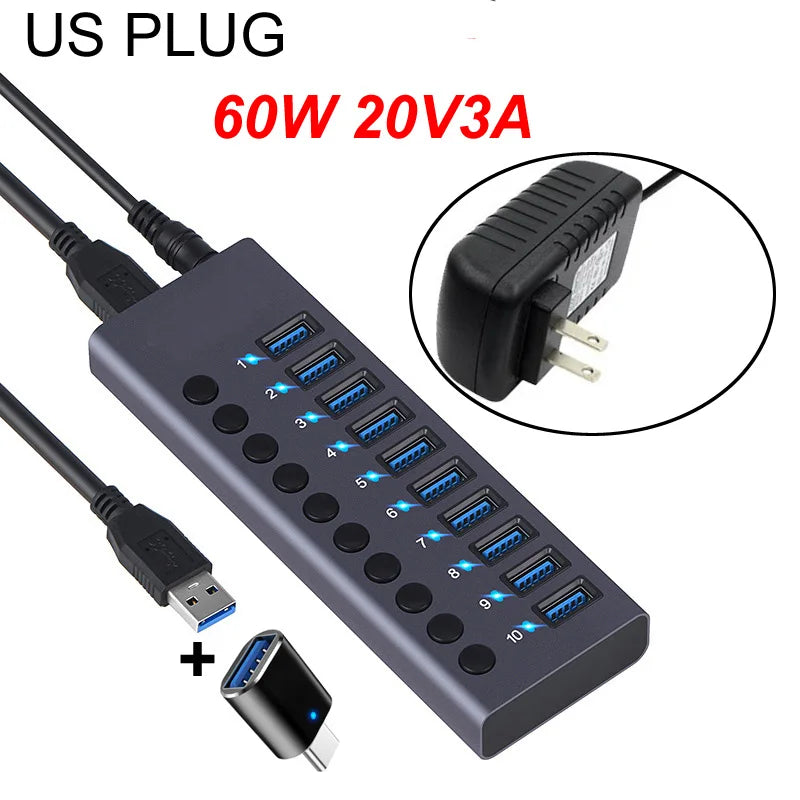 UpTrend Deals 10-Port USB 3.0 hub gray with blue ports and 60W power adapter included on Tampa Home & Garden Store