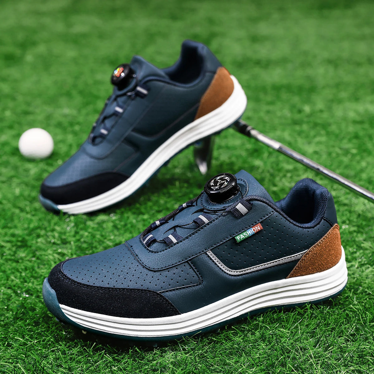 EstaliosFit Golf Shoes navy blue with brown suede, anti-slip outdoor footwear, 2 shoes on Tampa Home & Garden Store
