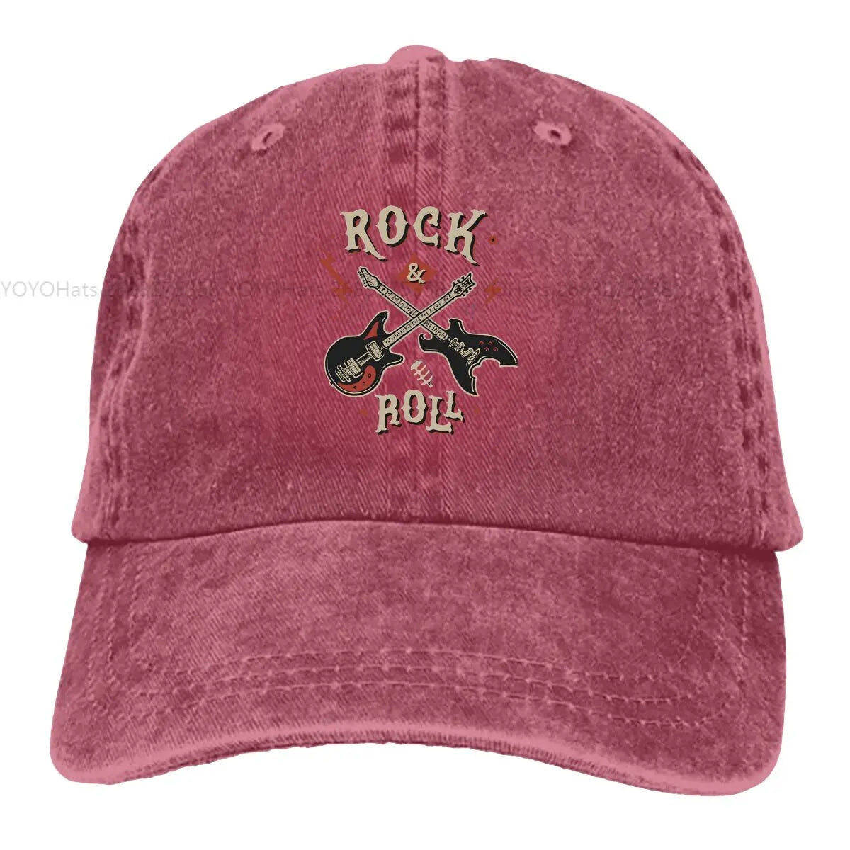 Rock N Roll multicolor cap in pink velvety fabric with crossed guitars embroidery on front on Tampa Home & Garden Store