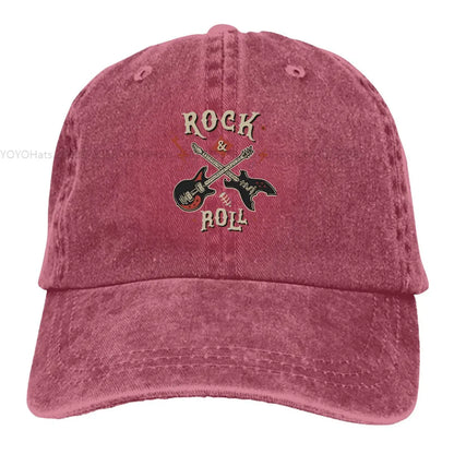 Rock N Roll multicolor cap in pink velvety fabric with crossed guitars embroidery on front on Tampa Home & Garden Store